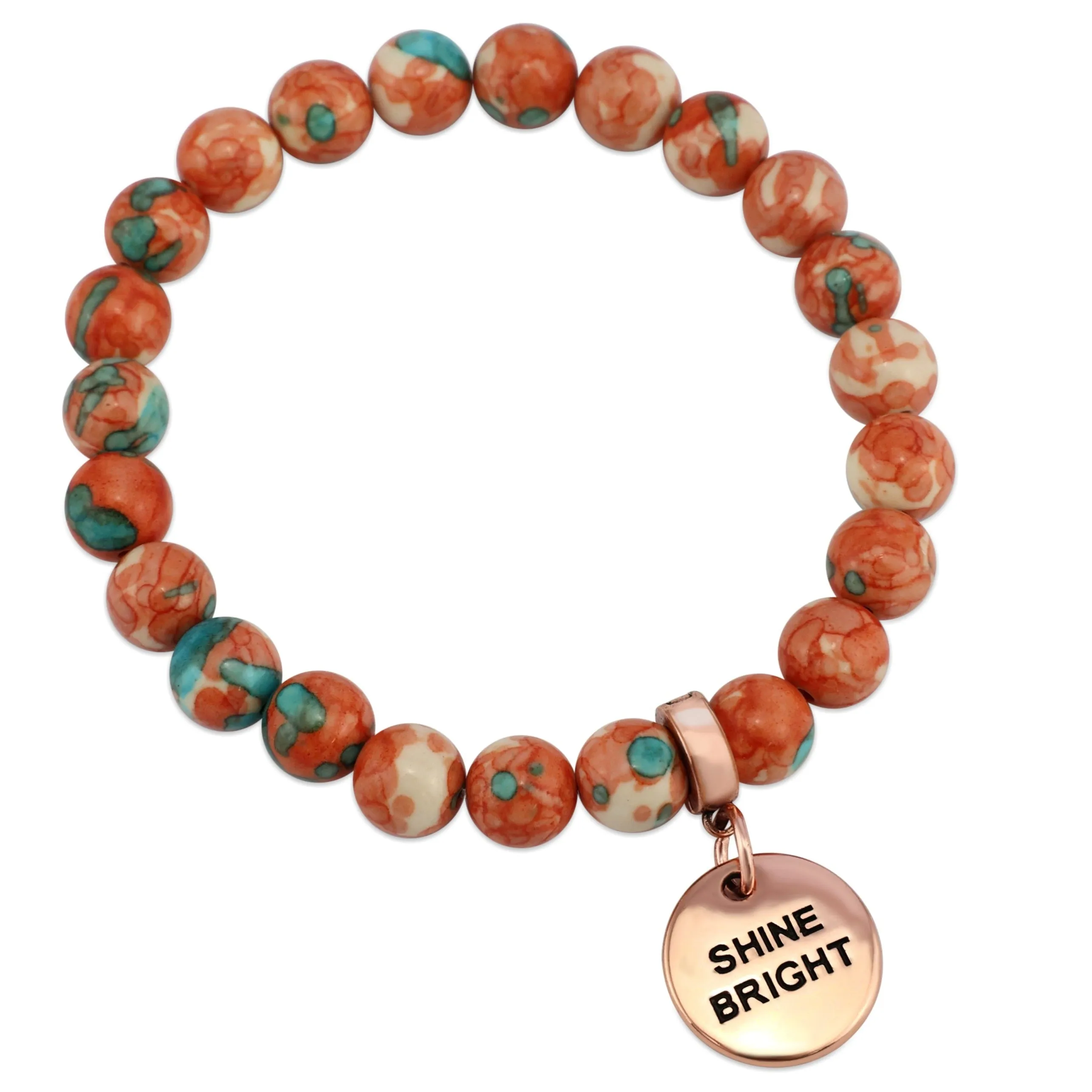 Stone Bracelet - Orange & Teal Patch Agate 8mm Beads - with Rose Gold Word Charm