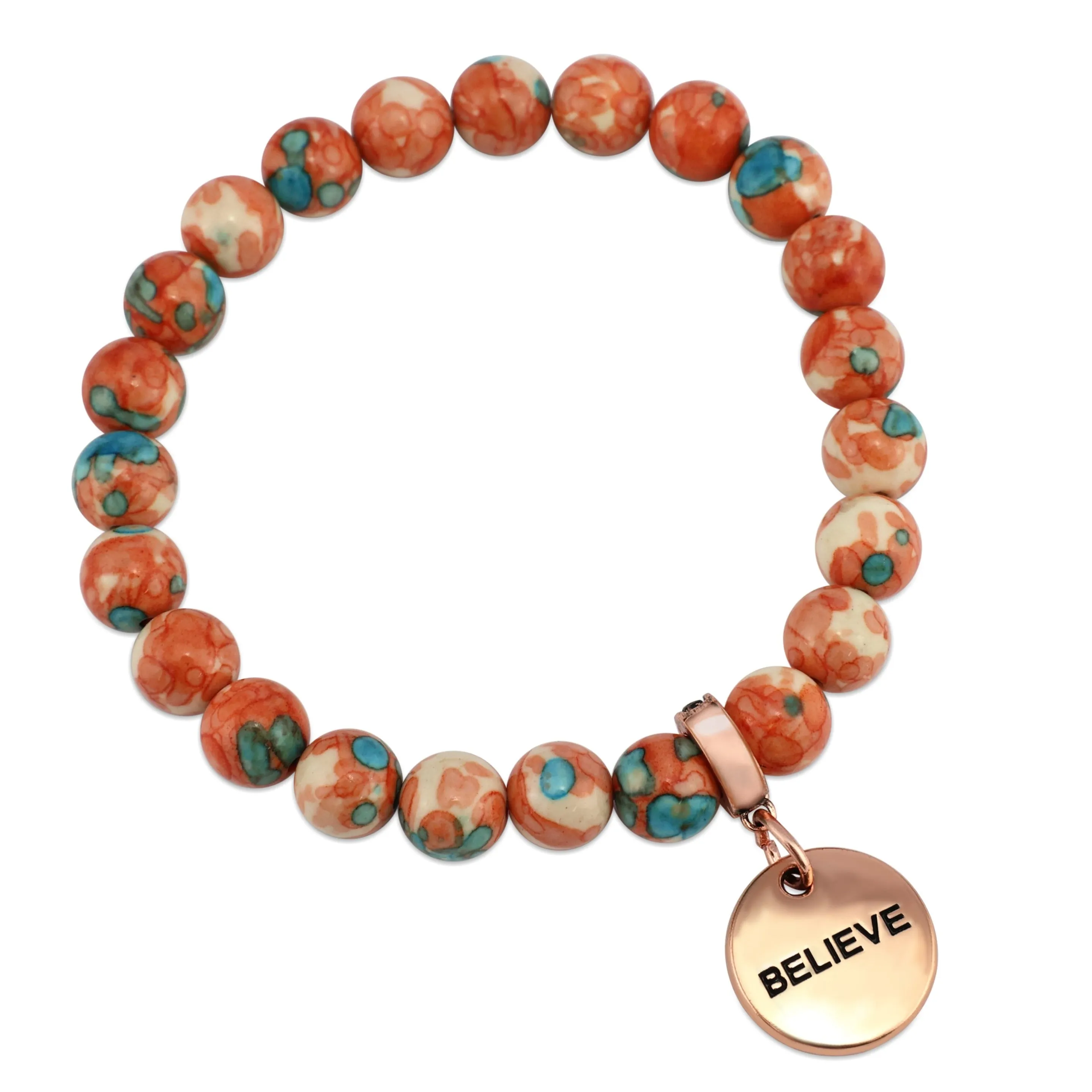 Stone Bracelet - Orange & Teal Patch Agate 8mm Beads - with Rose Gold Word Charm