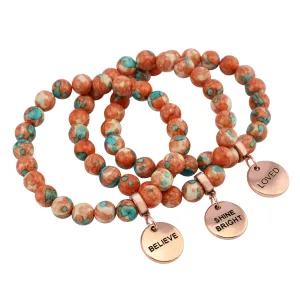 Stone Bracelet - Orange & Teal Patch Agate 8mm Beads - with Rose Gold Word Charm