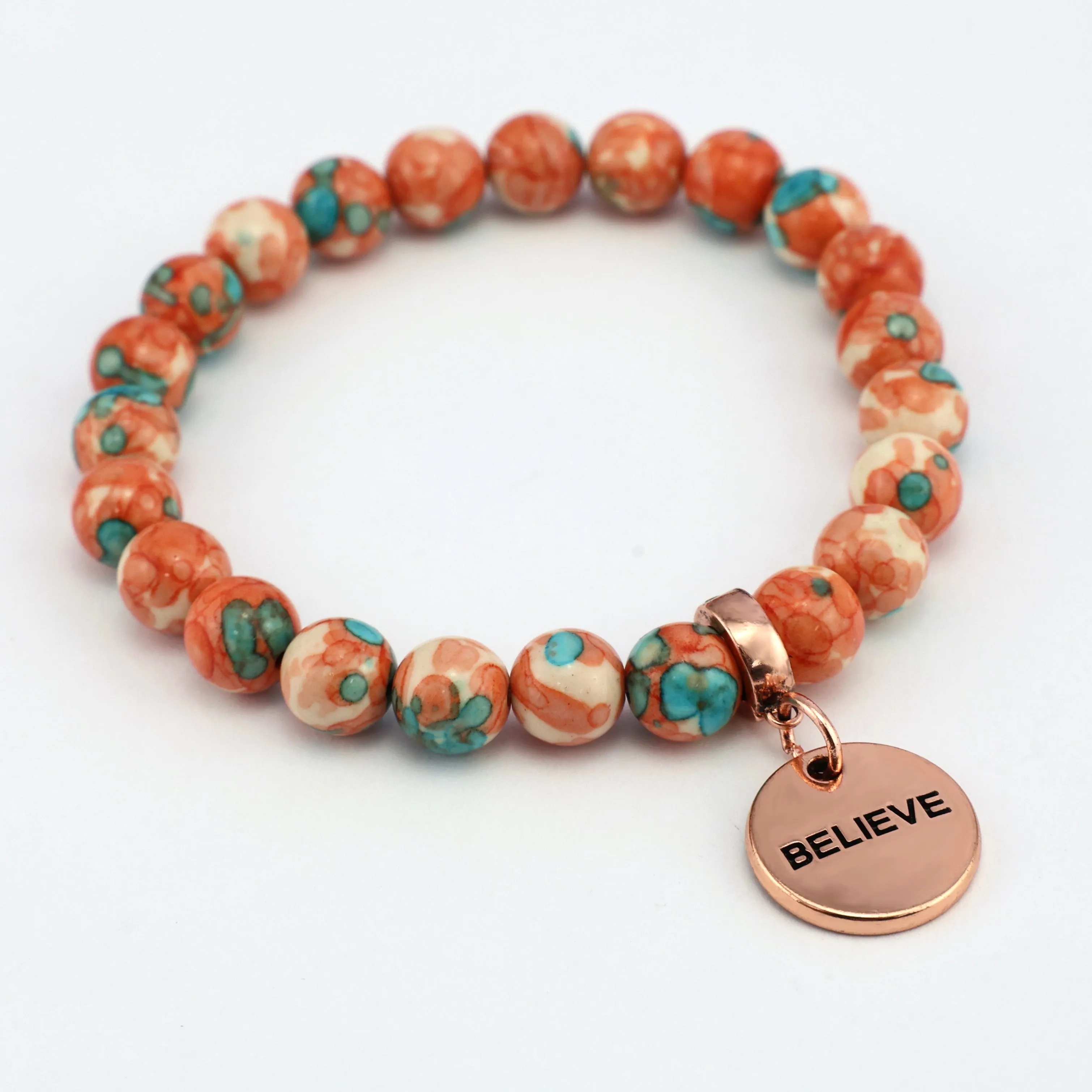 Stone Bracelet - Orange & Teal Patch Agate 8mm Beads - with Rose Gold Word Charm