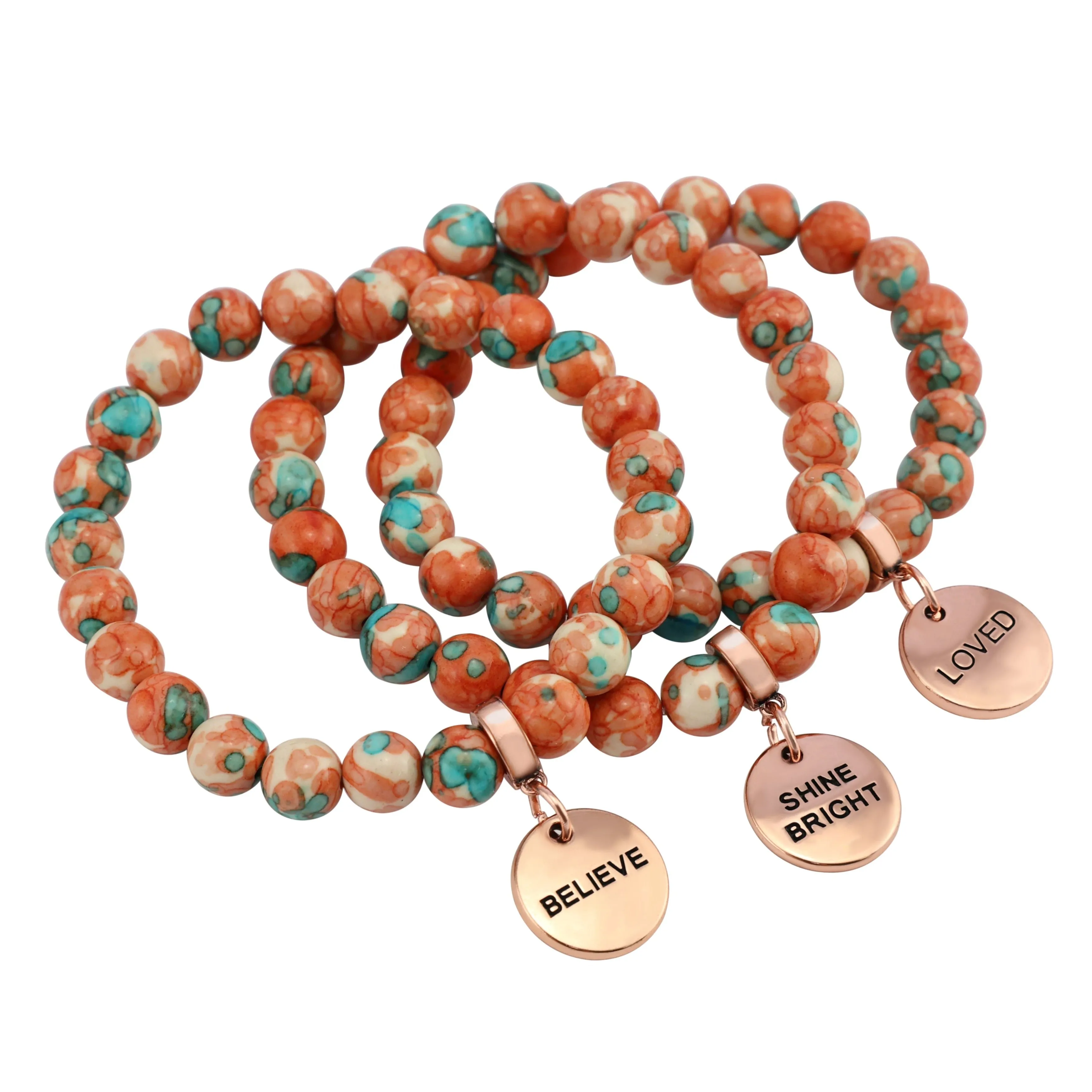 Stone Bracelet - Orange & Teal Patch Agate 8mm Beads - with Rose Gold Word Charm