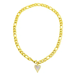 Tarnish Resistant 14k Gold Plated Figaro Chain With Crystal Halo Mother-of-Pearl Heart