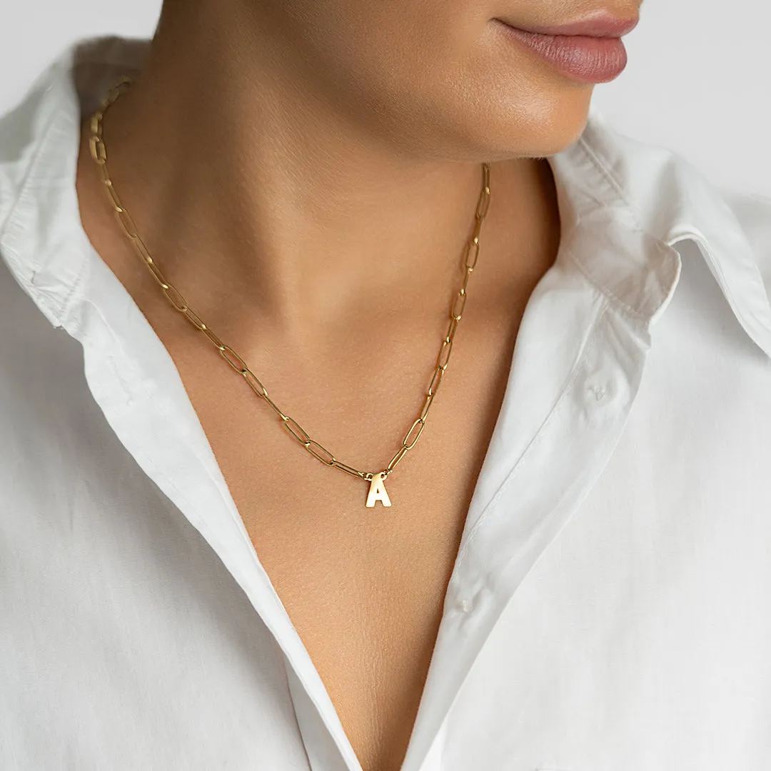 Tarnish Resistant 14K Gold Plated Mini Initial Paperclip Chain Necklace