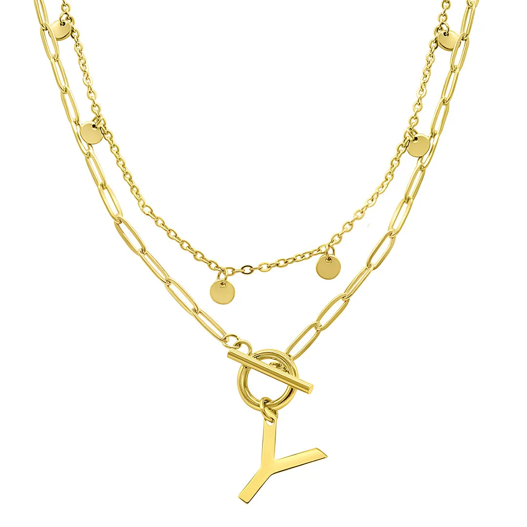 Tarnish Resistant Confetti And Paperclip Layered Initial Toggle Necklace