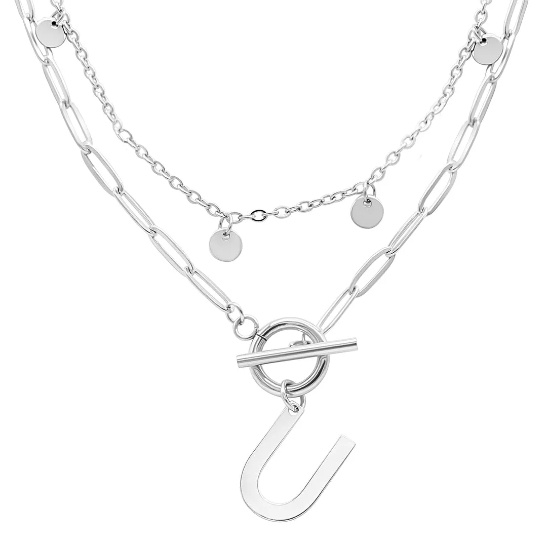 Tarnish Resistant Confetti And Paperclip Layered Initial Toggle Necklace