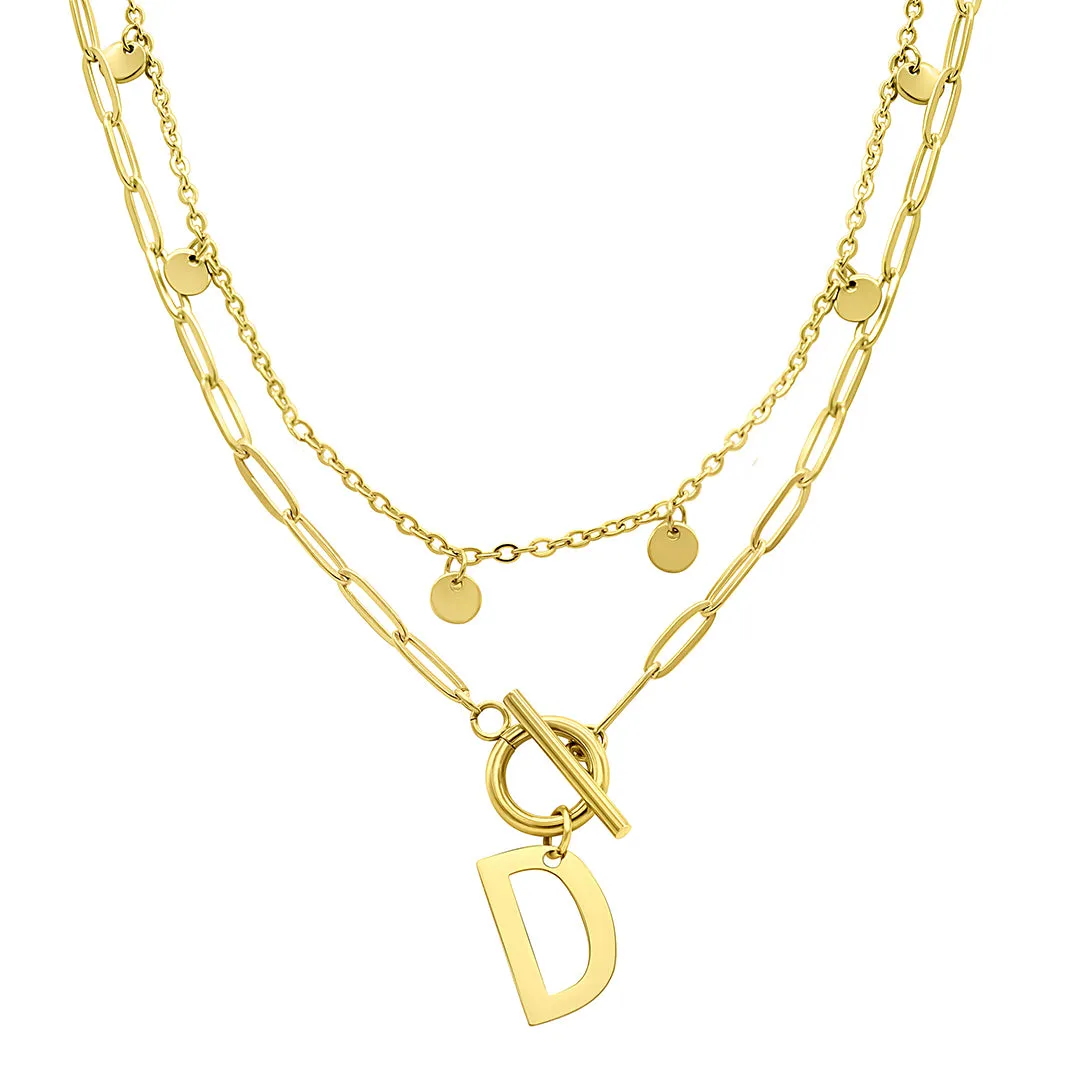 Tarnish Resistant Confetti And Paperclip Layered Initial Toggle Necklace