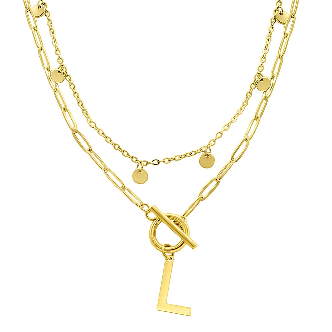 Tarnish Resistant Confetti And Paperclip Layered Initial Toggle Necklace