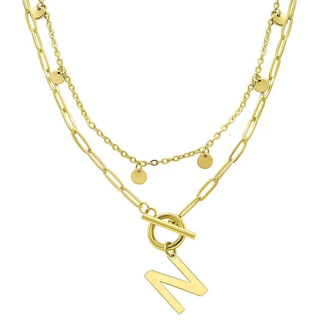 Tarnish Resistant Confetti And Paperclip Layered Initial Toggle Necklace