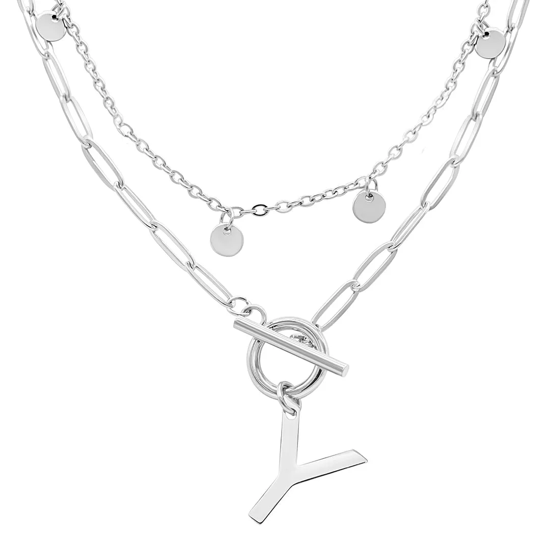 Tarnish Resistant Confetti And Paperclip Layered Initial Toggle Necklace