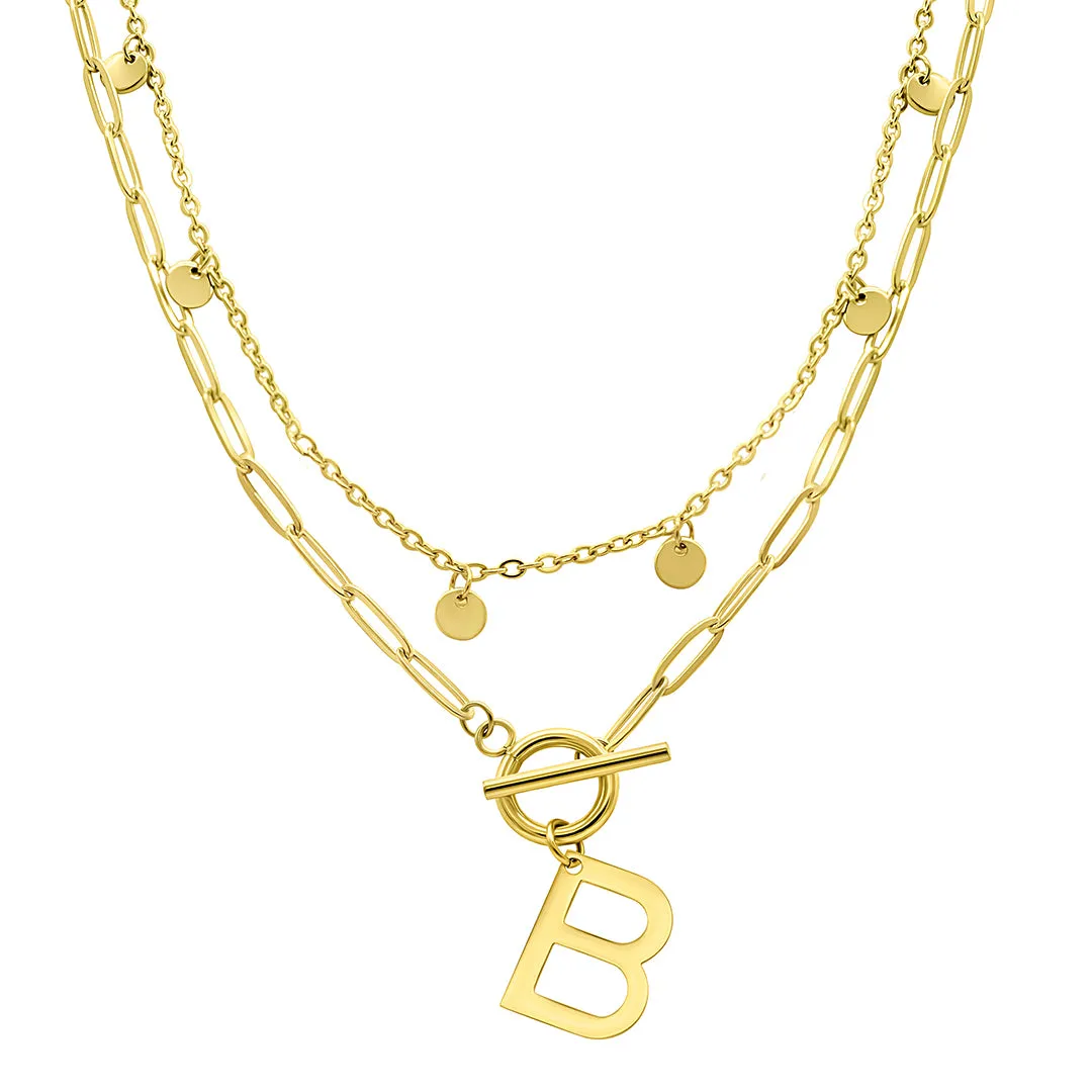 Tarnish Resistant Confetti And Paperclip Layered Initial Toggle Necklace