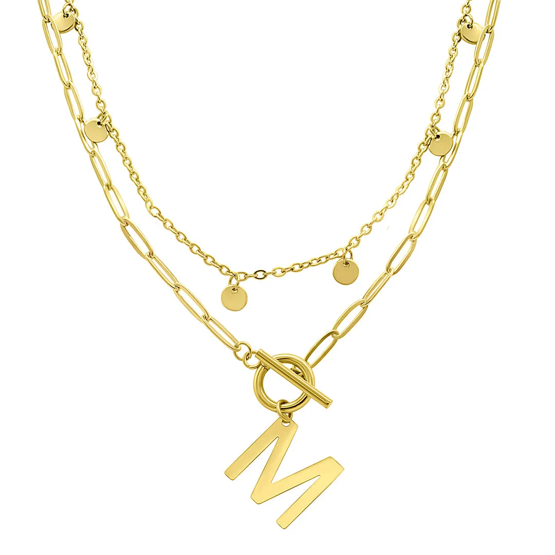 Tarnish Resistant Confetti And Paperclip Layered Initial Toggle Necklace