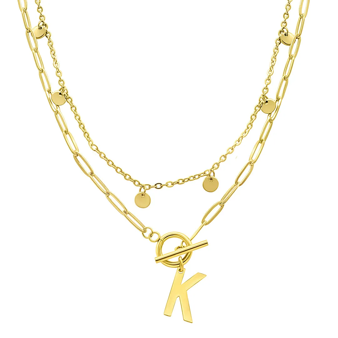 Tarnish Resistant Confetti And Paperclip Layered Initial Toggle Necklace