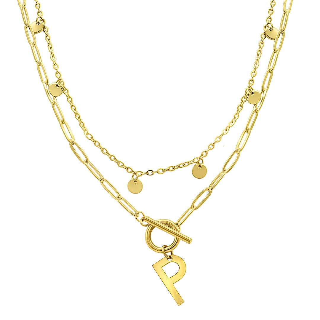 Tarnish Resistant Confetti And Paperclip Layered Initial Toggle Necklace