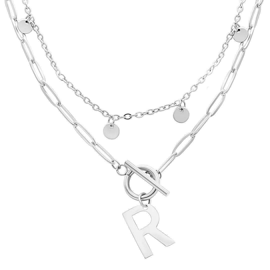 Tarnish Resistant Confetti And Paperclip Layered Initial Toggle Necklace