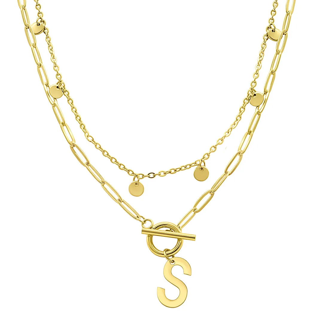 Tarnish Resistant Confetti And Paperclip Layered Initial Toggle Necklace