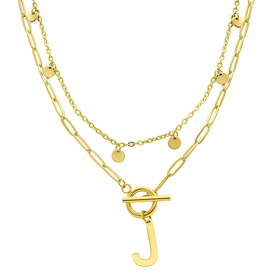 Tarnish Resistant Confetti And Paperclip Layered Initial Toggle Necklace