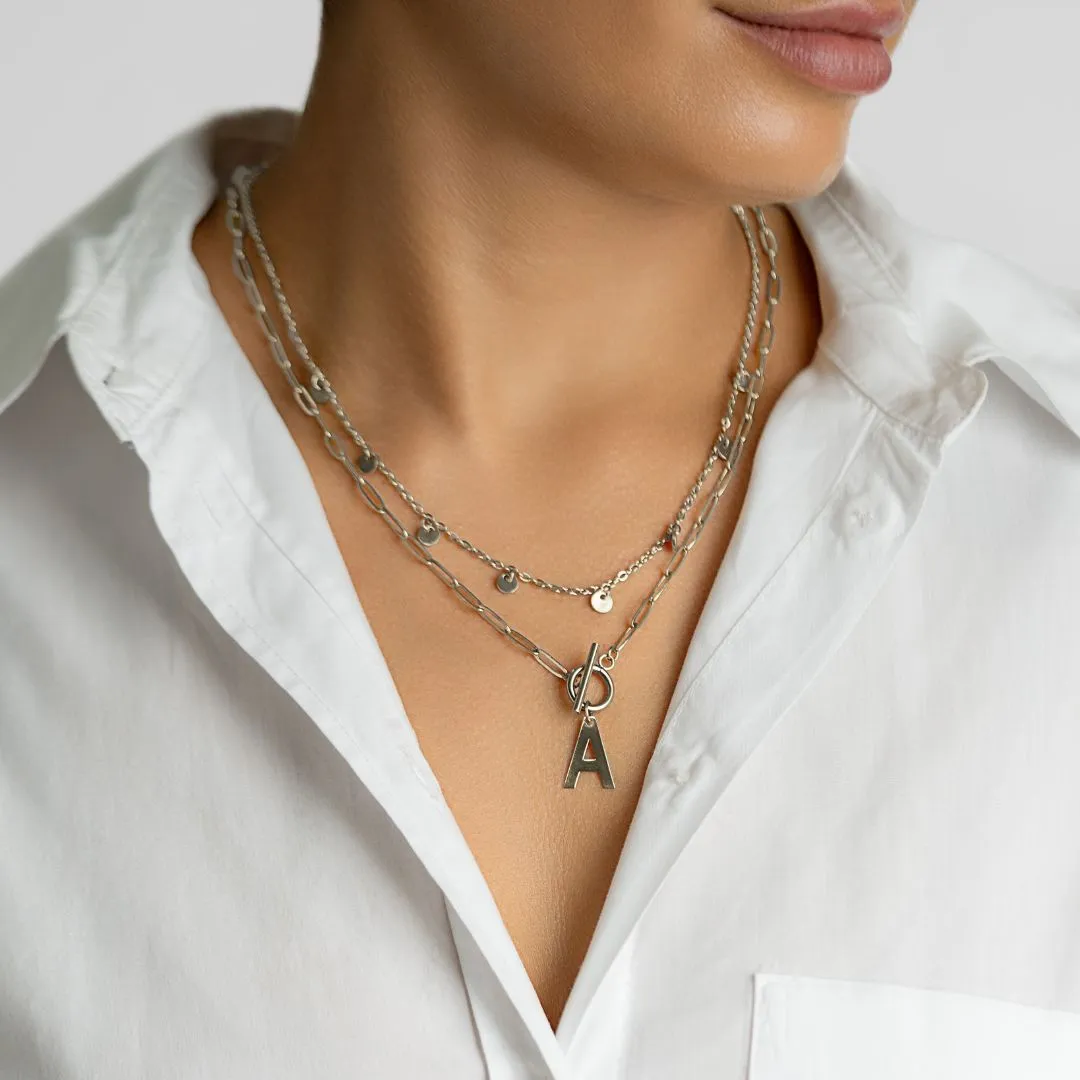 Tarnish Resistant Confetti And Paperclip Layered Initial Toggle Necklace