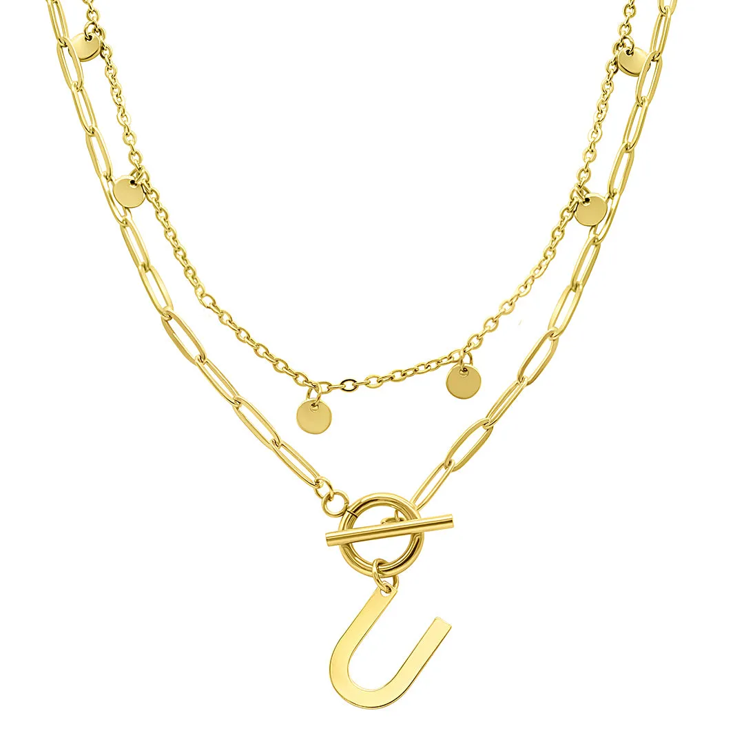 Tarnish Resistant Confetti And Paperclip Layered Initial Toggle Necklace