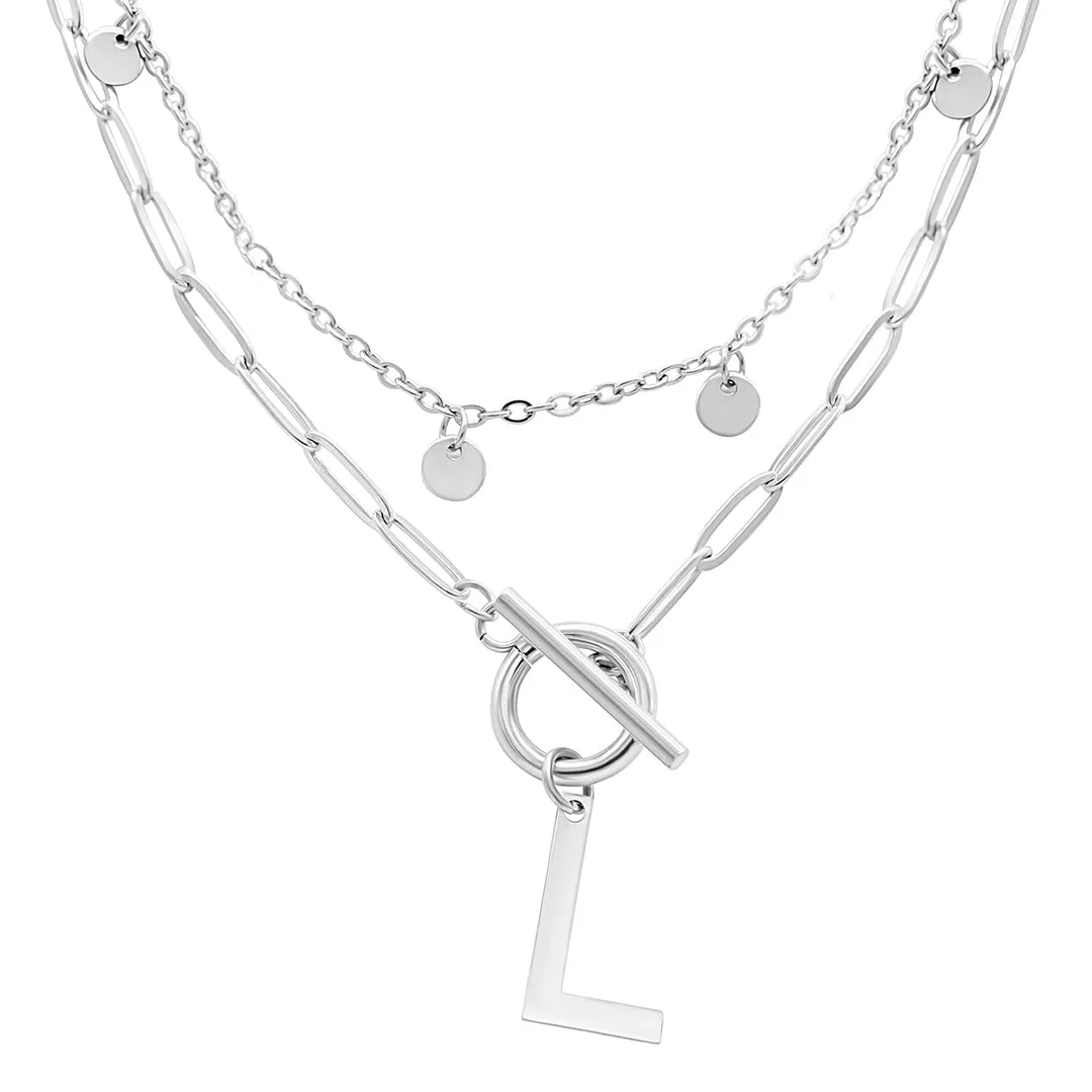 Tarnish Resistant Confetti And Paperclip Layered Initial Toggle Necklace