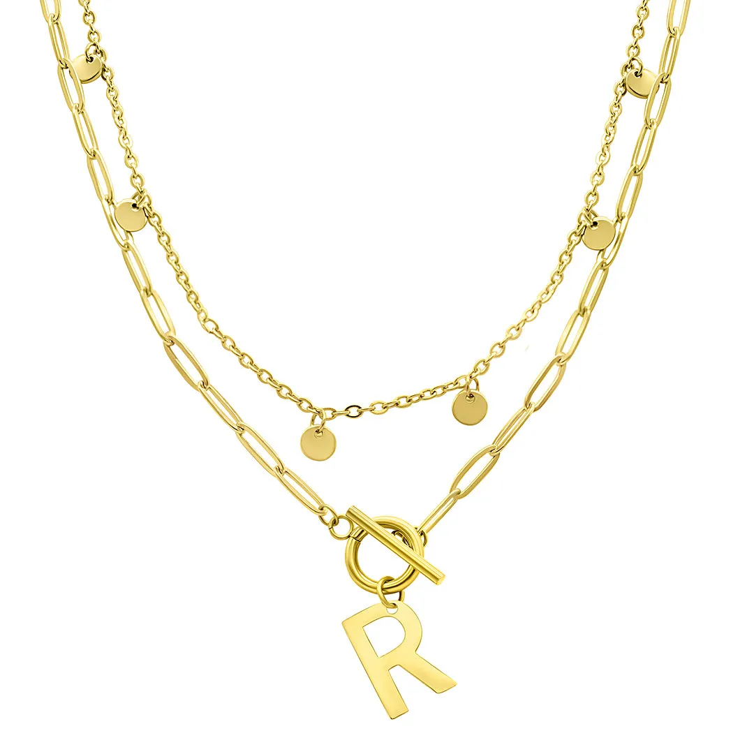 Tarnish Resistant Confetti And Paperclip Layered Initial Toggle Necklace