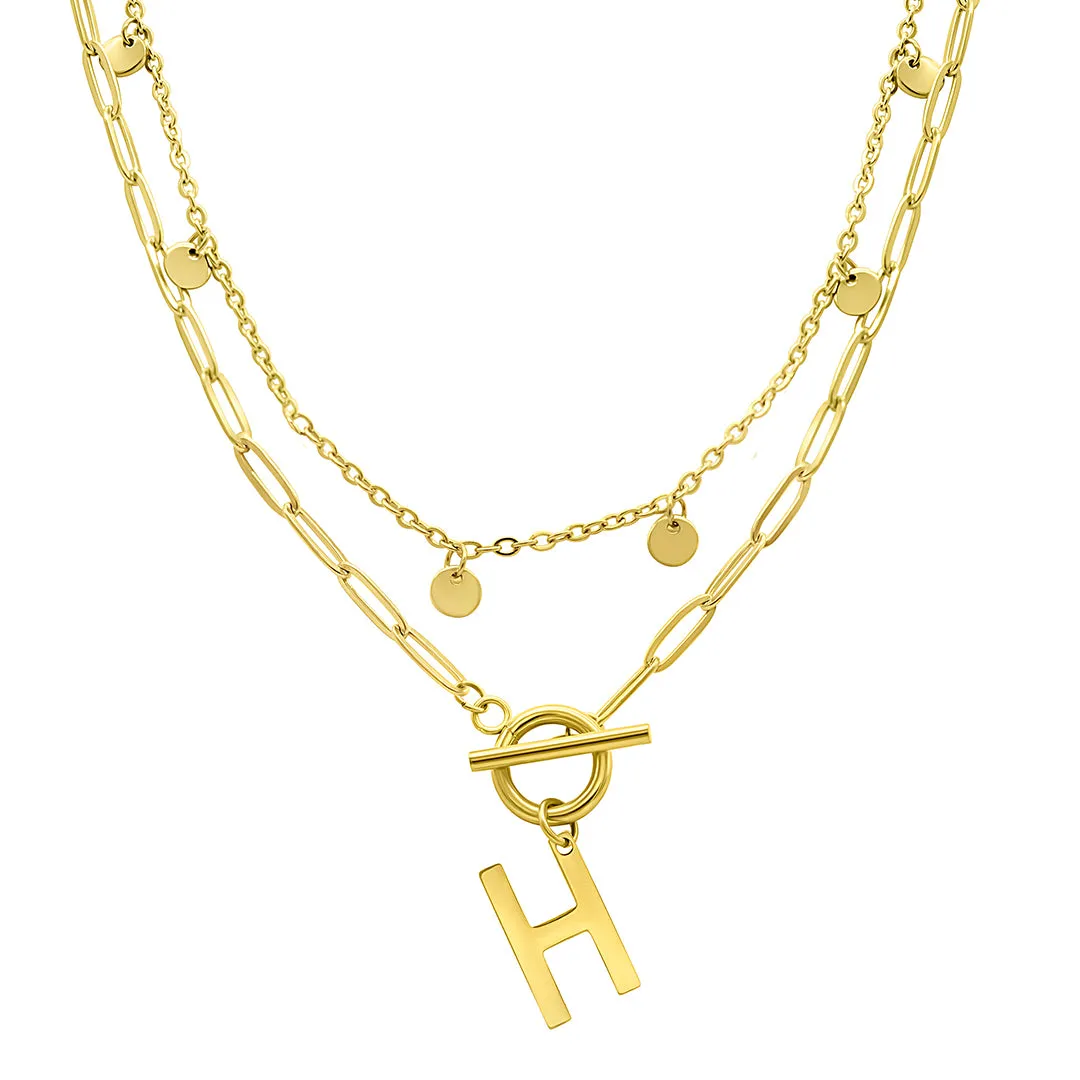 Tarnish Resistant Confetti And Paperclip Layered Initial Toggle Necklace