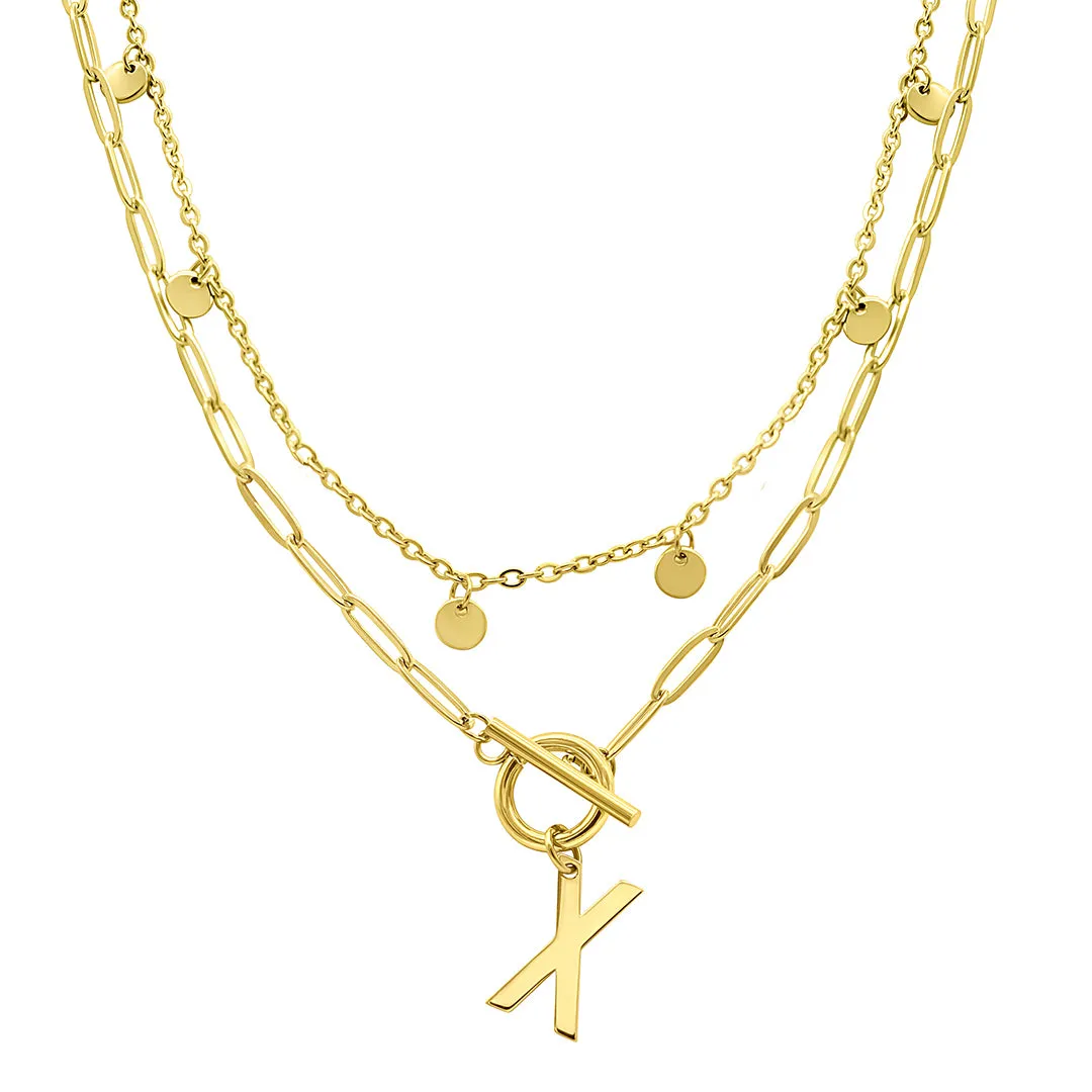 Tarnish Resistant Confetti And Paperclip Layered Initial Toggle Necklace