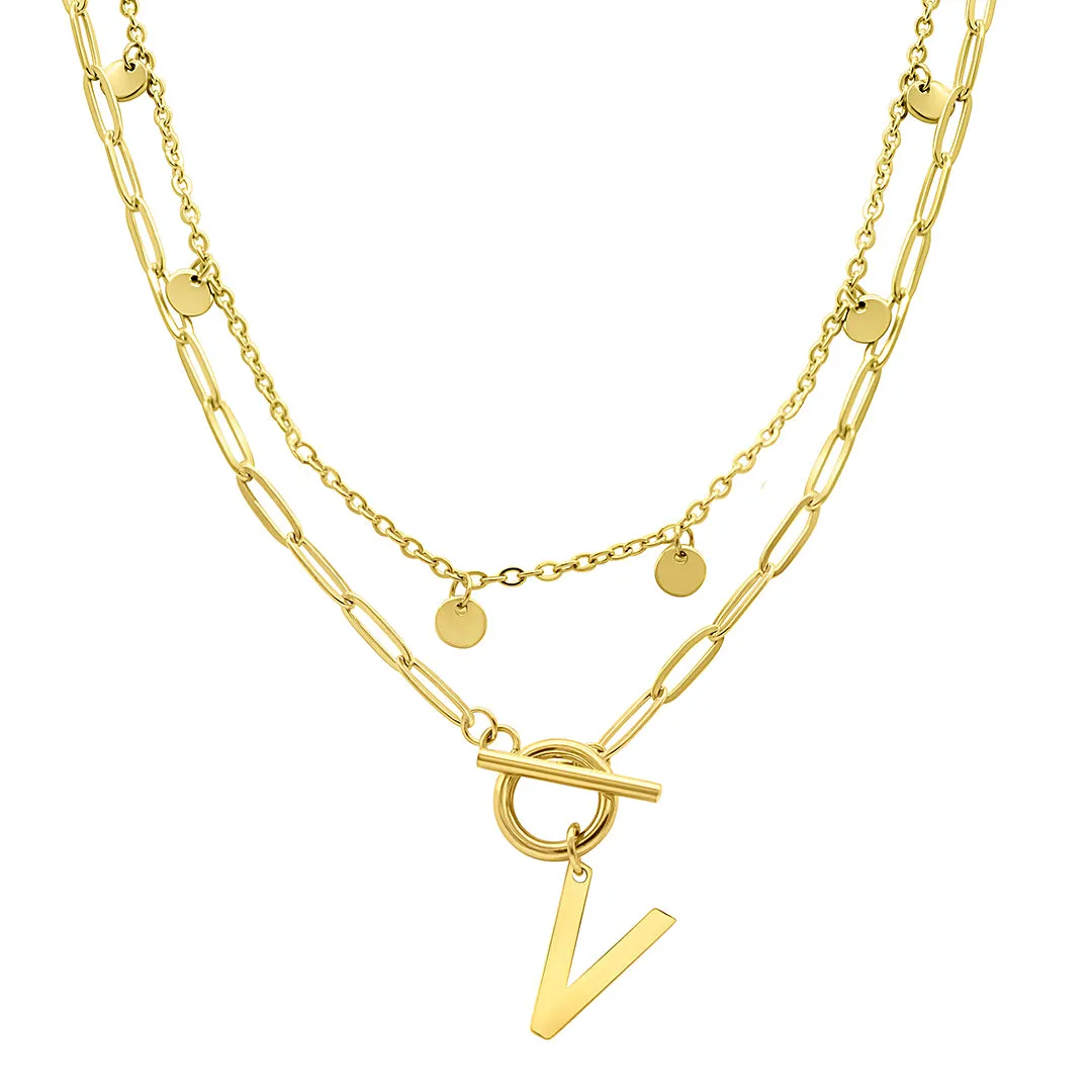 Tarnish Resistant Confetti And Paperclip Layered Initial Toggle Necklace