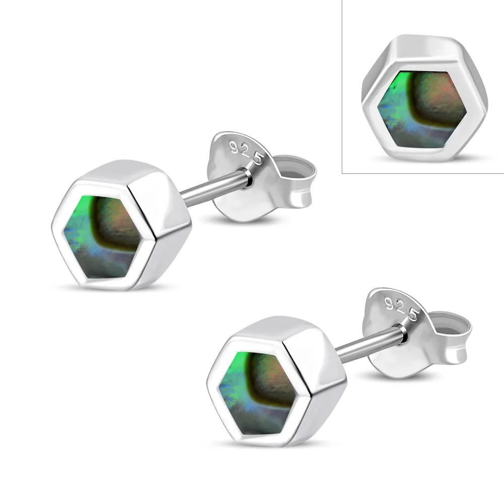 Tiny Abalone Shell Hexagon Silver Stud Earrings