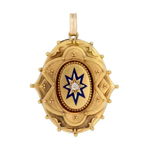 Victorian 15k Diamond Enameled Etruscan Plaque Locket Pendant