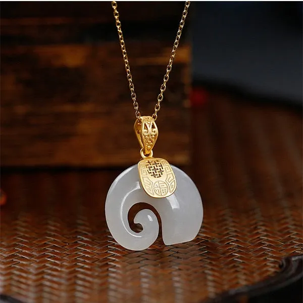 Vintage White Hetian Jade Elephant Pendant 18K Gold Plated Chain Necklace