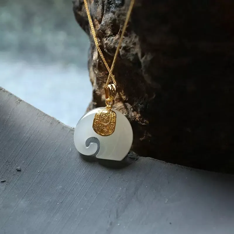 Vintage White Hetian Jade Elephant Pendant 18K Gold Plated Chain Necklace