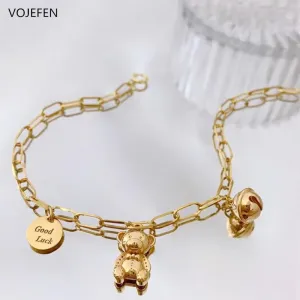 VOJEFEN Genuine 18k Pure Gold Pendants Bracelet Luxury Bear and Bell Lucky Tag Jewelry AU750 Chains Women&#39;s Wrist Hand Bracelets