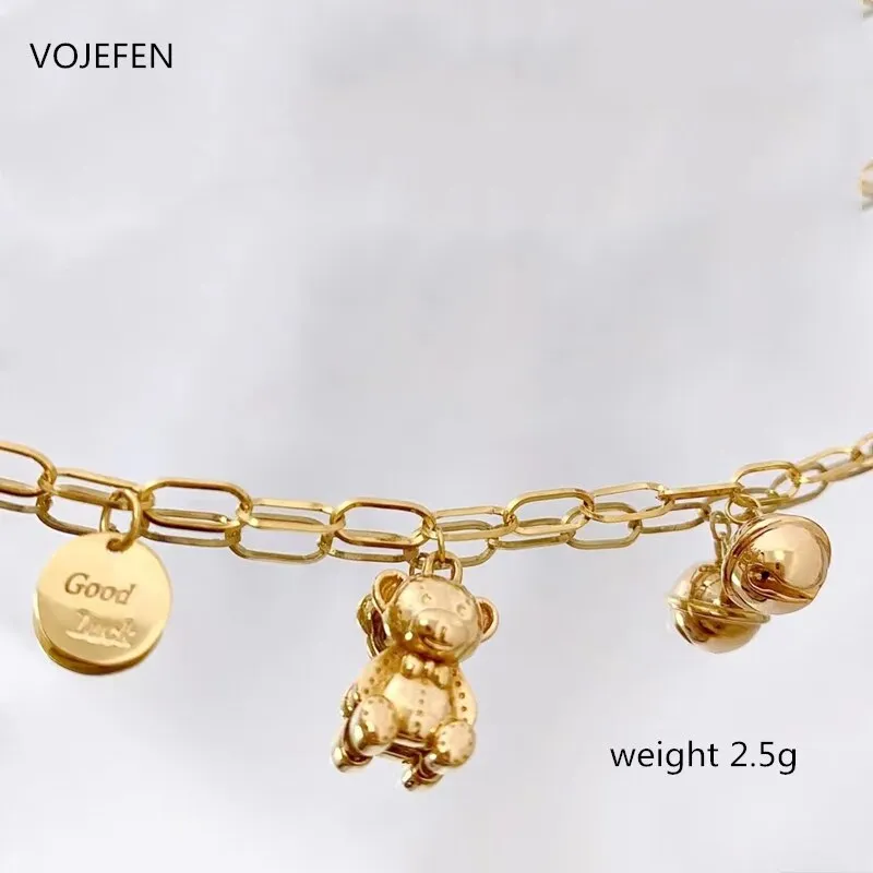 VOJEFEN Genuine 18k Pure Gold Pendants Bracelet Luxury Bear and Bell Lucky Tag Jewelry AU750 Chains Women&#39;s Wrist Hand Bracelets