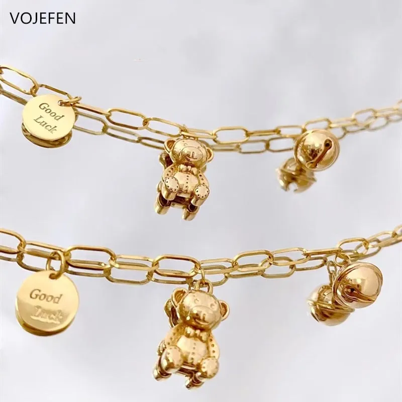 VOJEFEN Genuine 18k Pure Gold Pendants Bracelet Luxury Bear and Bell Lucky Tag Jewelry AU750 Chains Women&#39;s Wrist Hand Bracelets