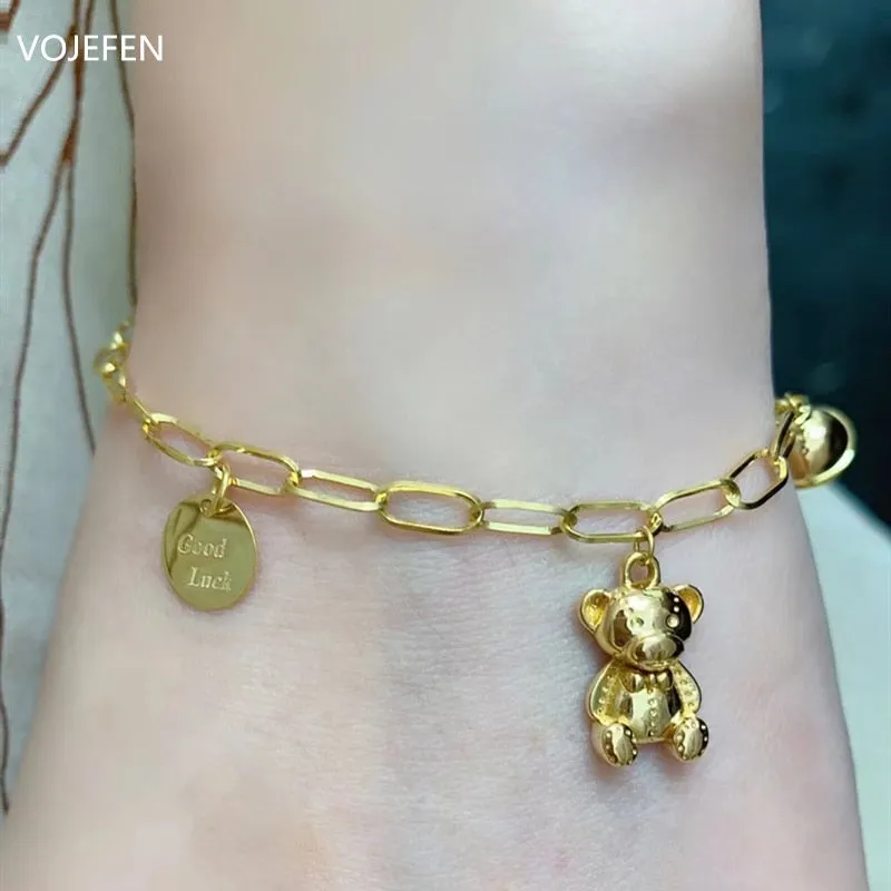 VOJEFEN Genuine 18k Pure Gold Pendants Bracelet Luxury Bear and Bell Lucky Tag Jewelry AU750 Chains Women&#39;s Wrist Hand Bracelets