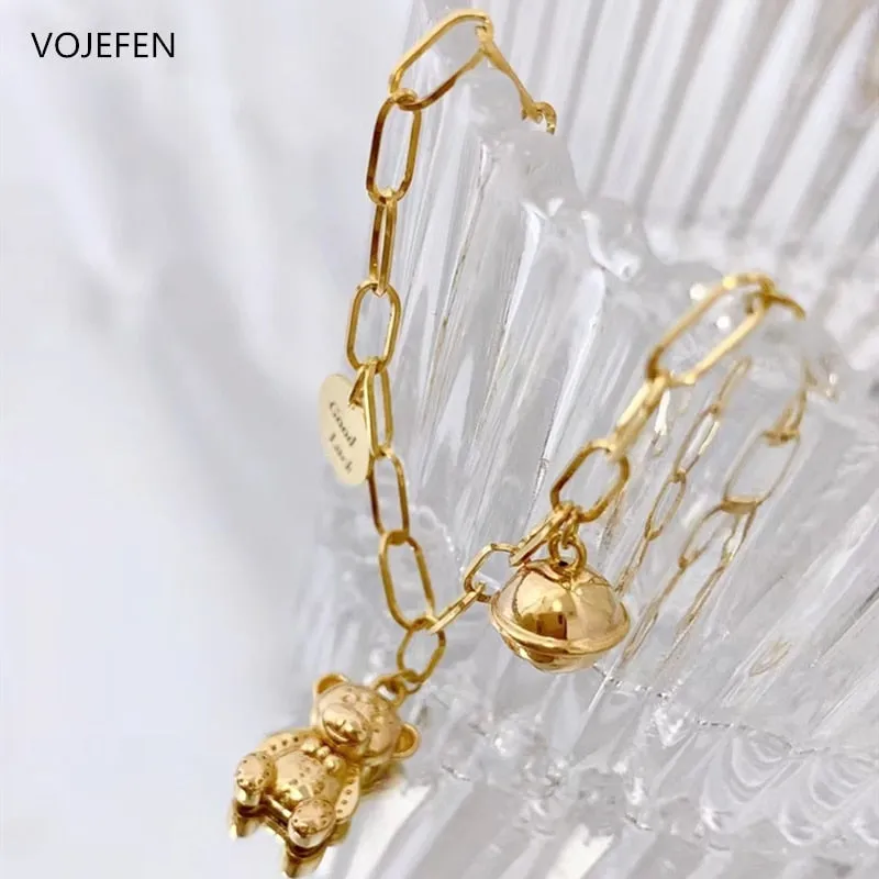 VOJEFEN Genuine 18k Pure Gold Pendants Bracelet Luxury Bear and Bell Lucky Tag Jewelry AU750 Chains Women&#39;s Wrist Hand Bracelets